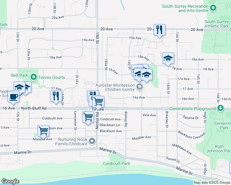 map of restaurants, bars, coffee shops, grocery stores, and more near 14082 17 Avenue in Surrey