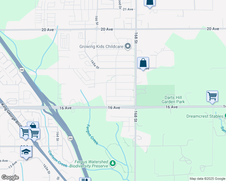 map of restaurants, bars, coffee shops, grocery stores, and more near 1695 167 Street in Surrey
