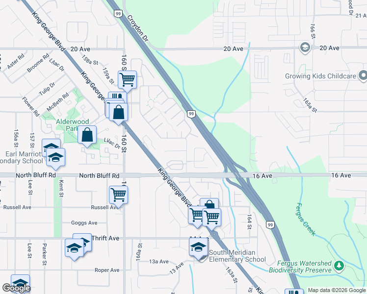 map of restaurants, bars, coffee shops, grocery stores, and more near 16191 16A Avenue in Surrey