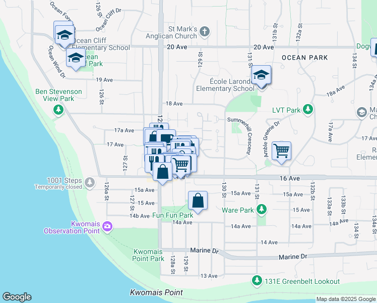 map of restaurants, bars, coffee shops, grocery stores, and more near 12890 17 Avenue in Surrey