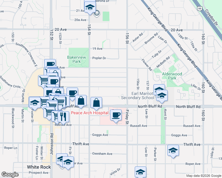 map of restaurants, bars, coffee shops, grocery stores, and more near 15516 17 Avenue in Surrey