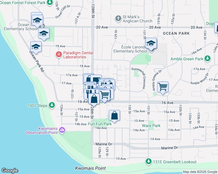 map of restaurants, bars, coffee shops, grocery stores, and more near 12890 17 Avenue in Surrey