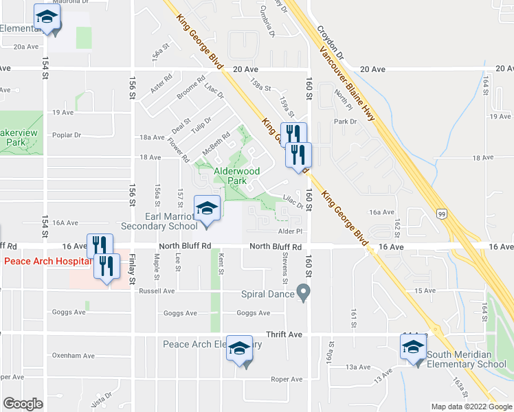 map of restaurants, bars, coffee shops, grocery stores, and more near 15863 Alder Place in Surrey