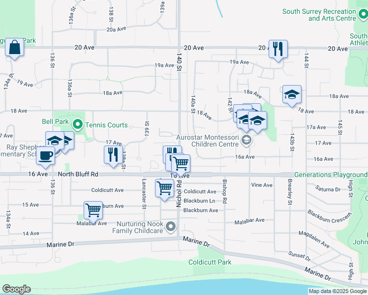 map of restaurants, bars, coffee shops, grocery stores, and more near 1682 140 Street in Surrey