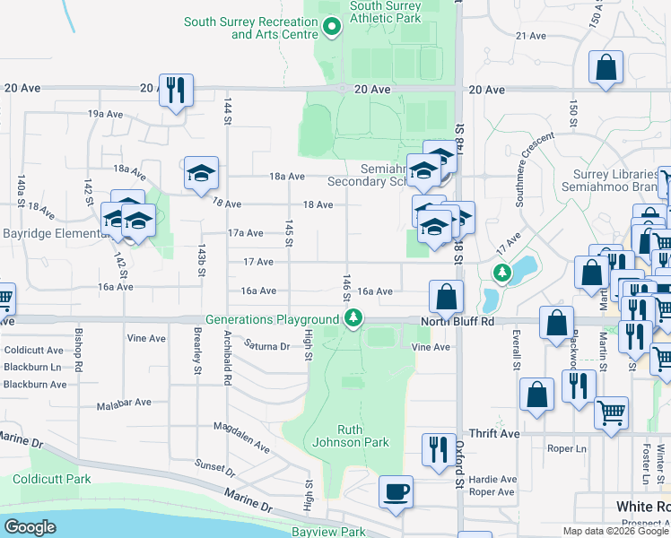 map of restaurants, bars, coffee shops, grocery stores, and more near 14586 17 Avenue in Surrey