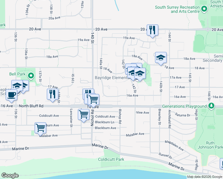 map of restaurants, bars, coffee shops, grocery stores, and more near 14086 17 Avenue in Surrey