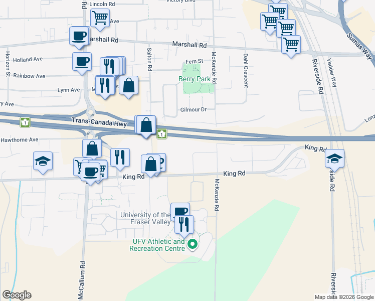 map of restaurants, bars, coffee shops, grocery stores, and more near 1641 King Crescent in Abbotsford