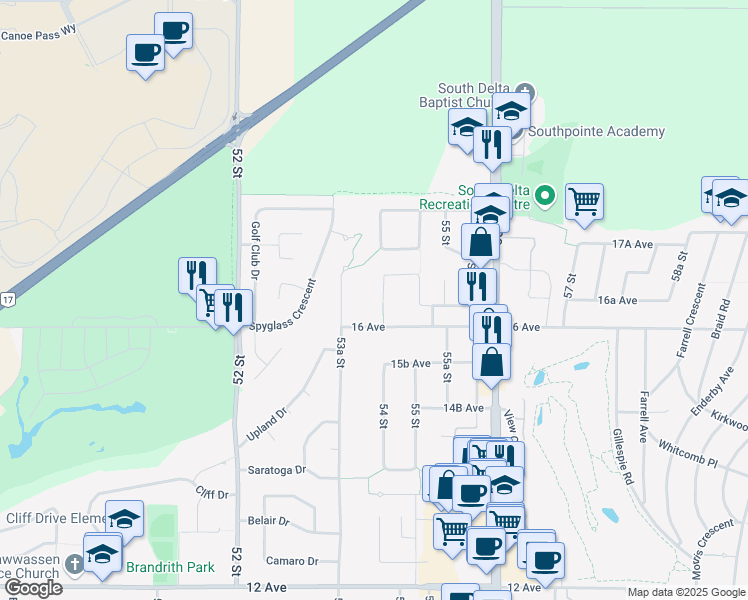 map of restaurants, bars, coffee shops, grocery stores, and more near 5353 Wildwood Crescent in Delta