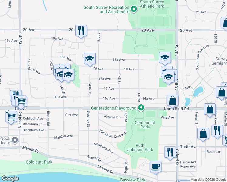 map of restaurants, bars, coffee shops, grocery stores, and more near 14476 17 Avenue in Surrey