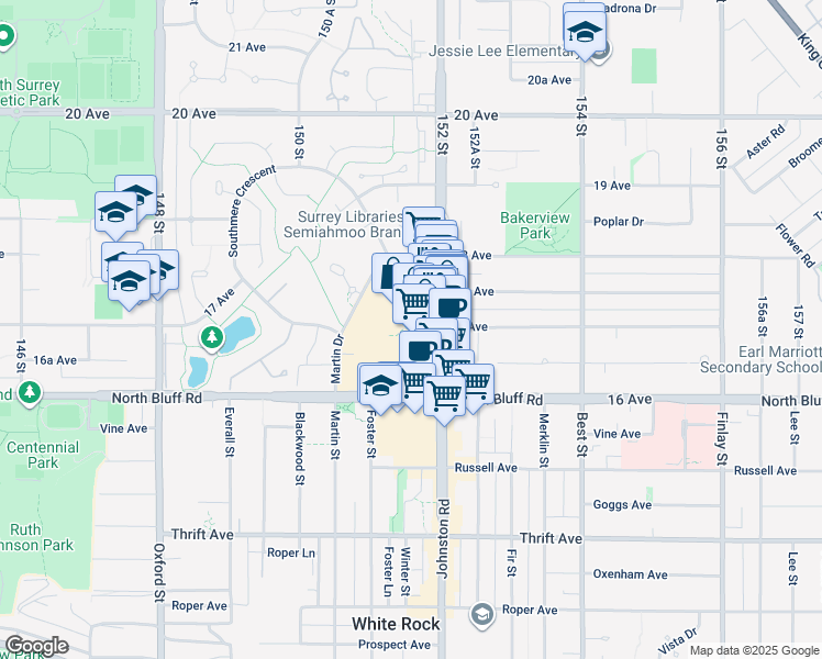 map of restaurants, bars, coffee shops, grocery stores, and more near 1681 152 Street in Surrey