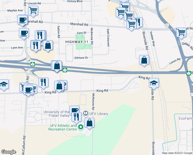 map of restaurants, bars, coffee shops, grocery stores, and more near 1684 McKenzie Road in Abbotsford