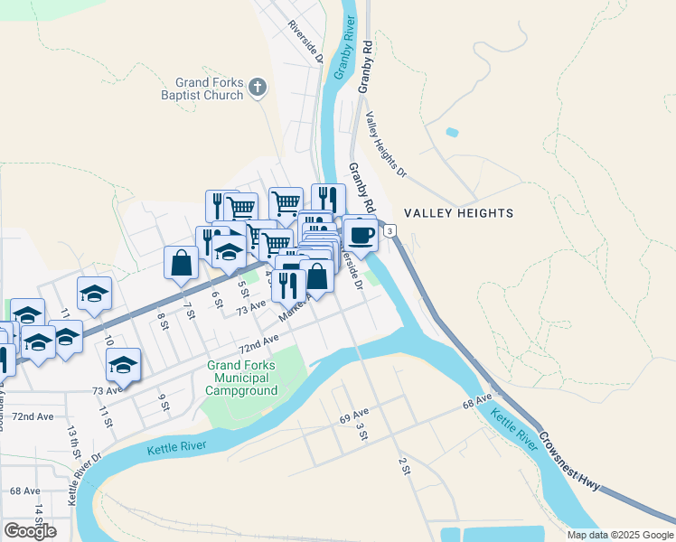 map of restaurants, bars, coffee shops, grocery stores, and more near 135 Market Avenue in Grand Forks