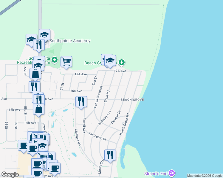 map of restaurants, bars, coffee shops, grocery stores, and more near 1697 Braid Road in Delta