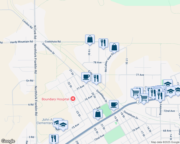 map of restaurants, bars, coffee shops, grocery stores, and more near Columbia Drive in Grand Forks