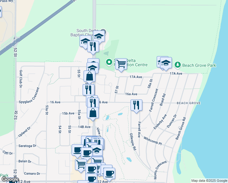 map of restaurants, bars, coffee shops, grocery stores, and more near 1679 57 Street in Delta
