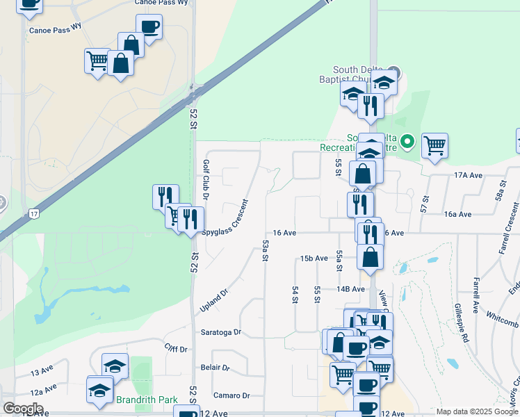 map of restaurants, bars, coffee shops, grocery stores, and more near 1641 53A Street in Delta