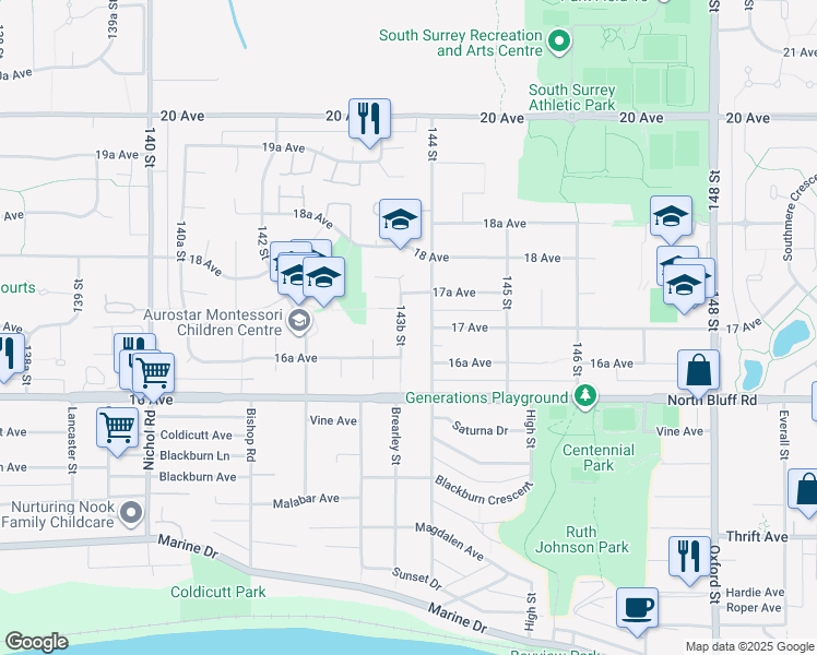 map of restaurants, bars, coffee shops, grocery stores, and more near 1694 143B Street in Surrey