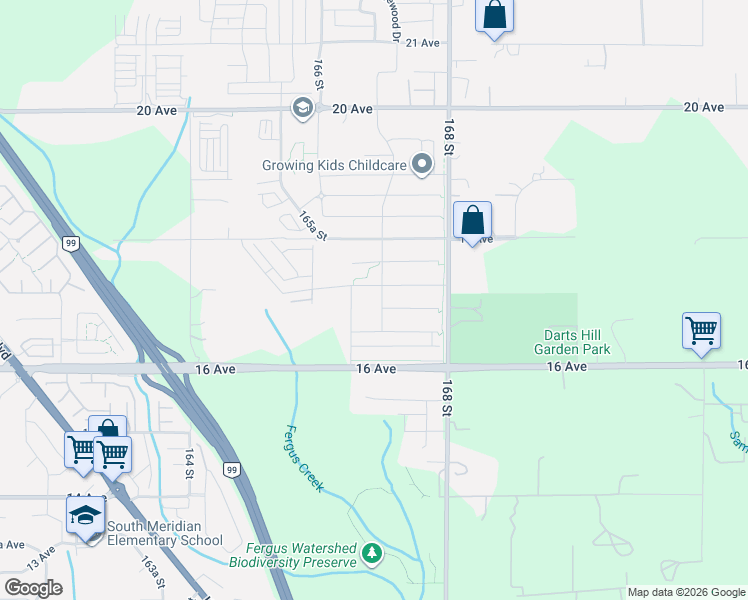 map of restaurants, bars, coffee shops, grocery stores, and more near 1725 167 Street in Surrey