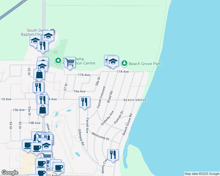 map of restaurants, bars, coffee shops, grocery stores, and more near 1665 Braid Road in Delta