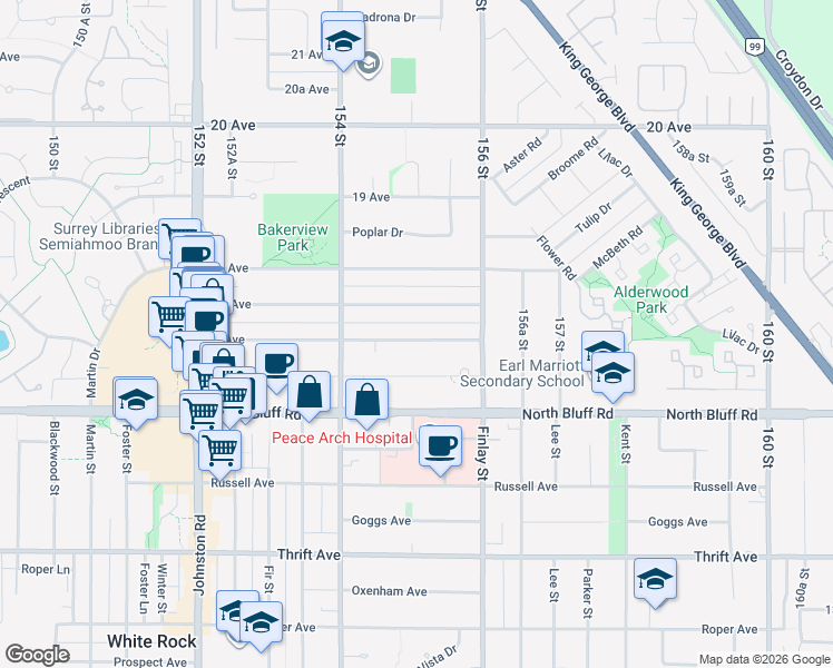 map of restaurants, bars, coffee shops, grocery stores, and more near 15509 17 Avenue in Surrey