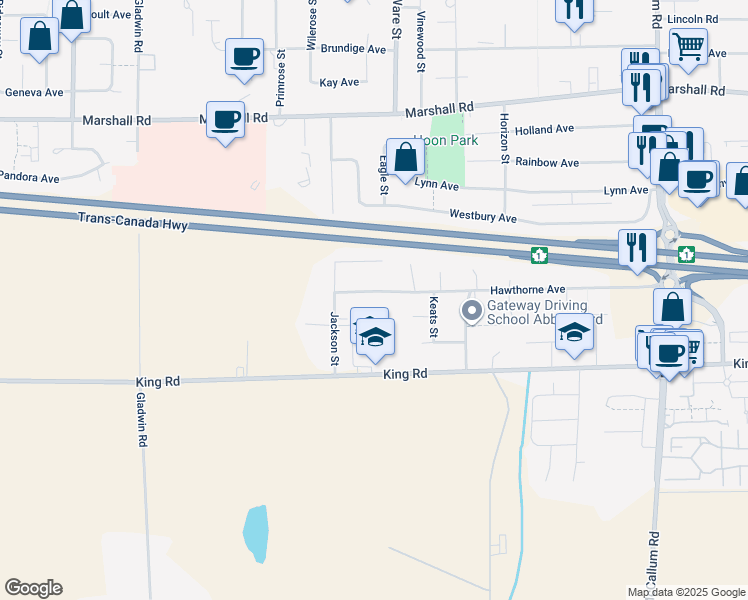 map of restaurants, bars, coffee shops, grocery stores, and more near 33166 Hawthorne Avenue in Abbotsford