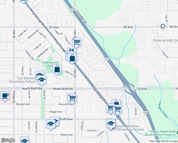 map of restaurants, bars, coffee shops, grocery stores, and more near 1708 King George Boulevard in Surrey