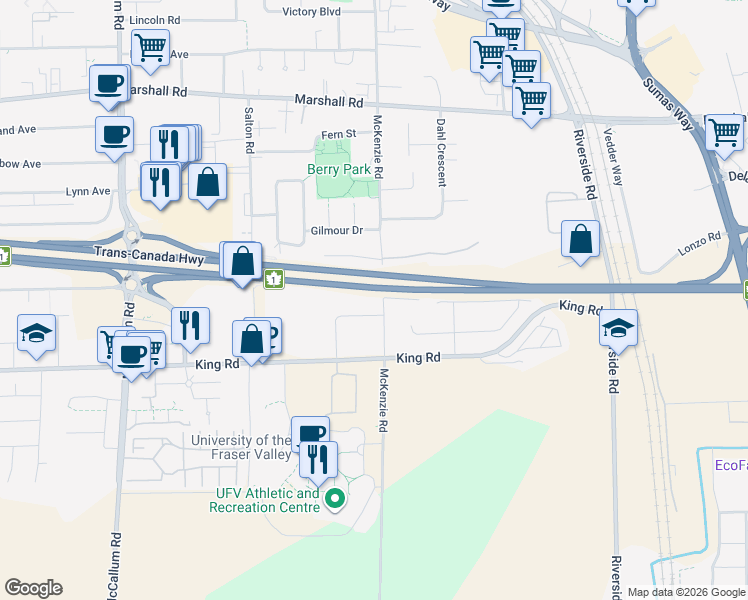 map of restaurants, bars, coffee shops, grocery stores, and more near 1751 McKenzie Road in Abbotsford