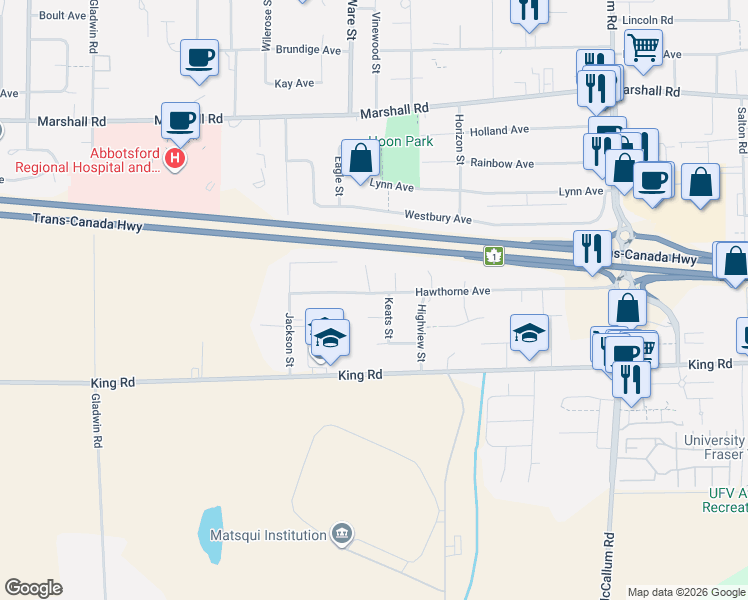 map of restaurants, bars, coffee shops, grocery stores, and more near 33232 Hawthorne Avenue in Abbotsford