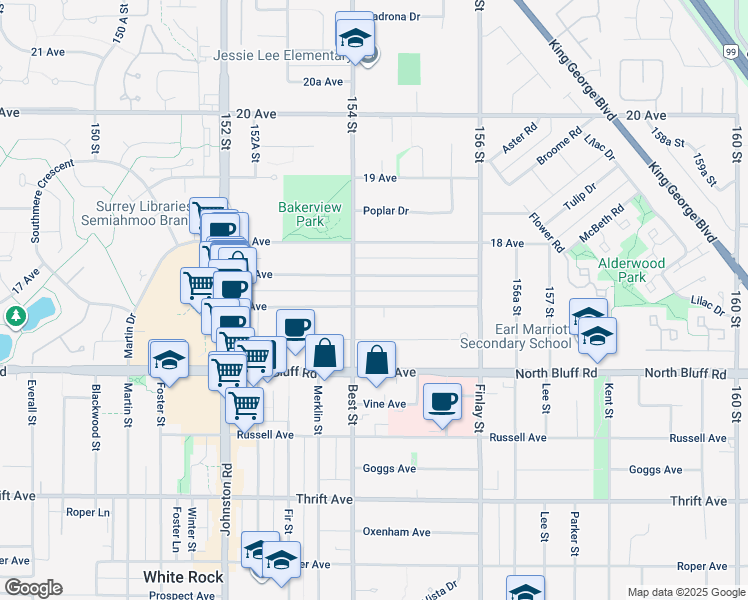 map of restaurants, bars, coffee shops, grocery stores, and more near 15448 17A Avenue in Surrey