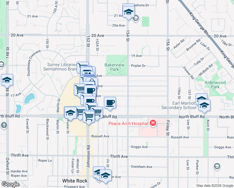 map of restaurants, bars, coffee shops, grocery stores, and more near 15336 17A Avenue in Surrey