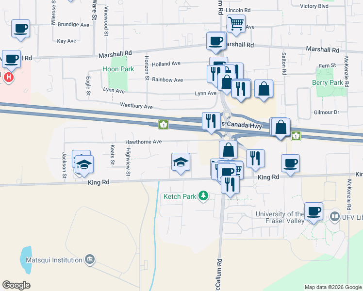 map of restaurants, bars, coffee shops, grocery stores, and more near 33474 Hawthorne Avenue in Abbotsford