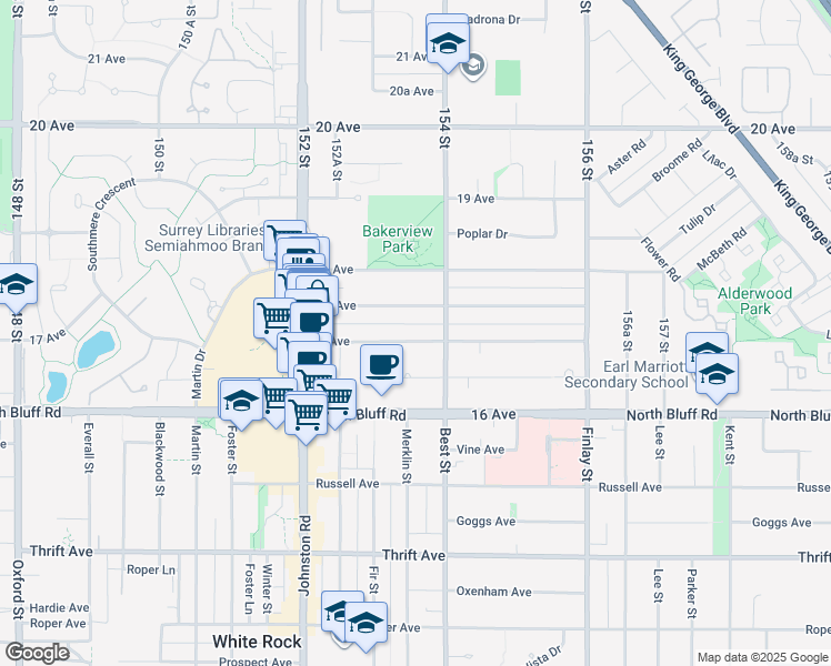map of restaurants, bars, coffee shops, grocery stores, and more near 15353 17 Avenue in Surrey