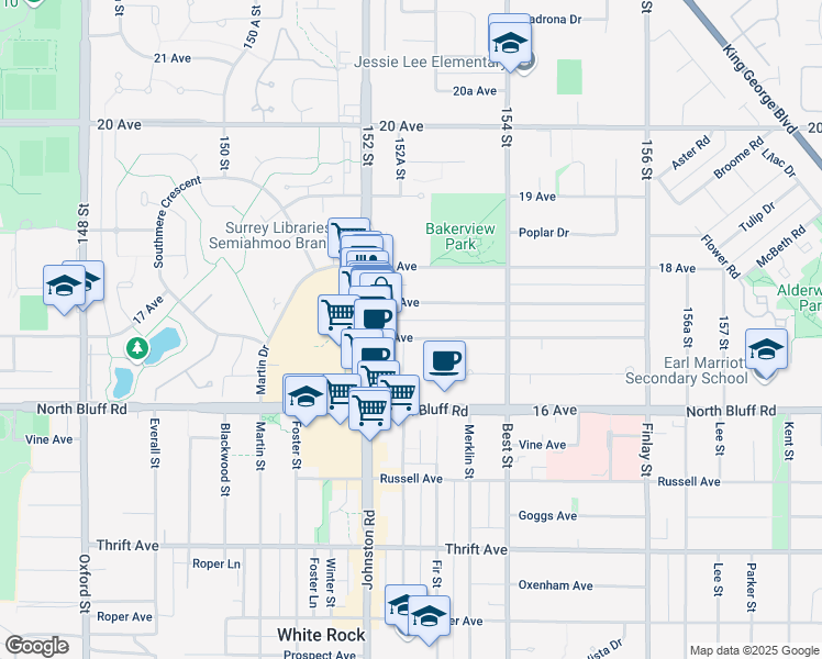 map of restaurants, bars, coffee shops, grocery stores, and more near in Surrey