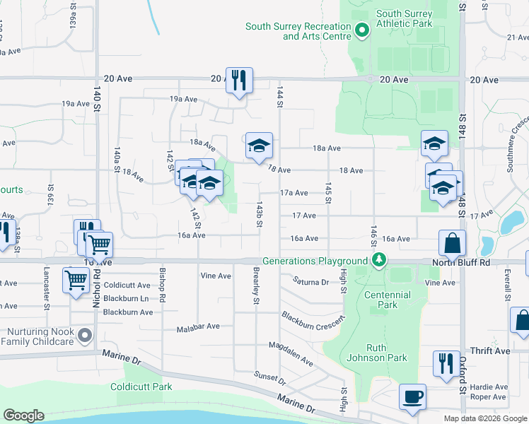 map of restaurants, bars, coffee shops, grocery stores, and more near 1710 143B Street in Surrey