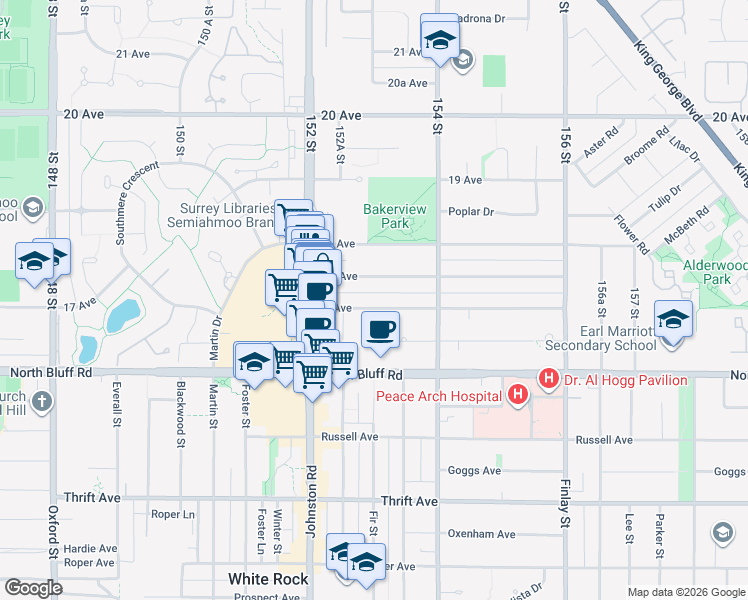 map of restaurants, bars, coffee shops, grocery stores, and more near 15297 17 Avenue in Surrey