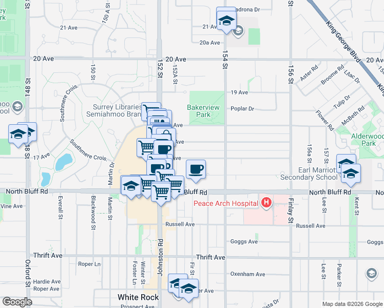 map of restaurants, bars, coffee shops, grocery stores, and more near 15297 17 Avenue in Surrey