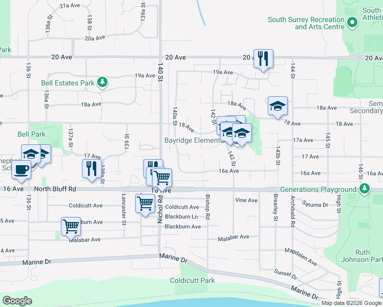 map of restaurants, bars, coffee shops, grocery stores, and more near 14091 17 Avenue in Surrey