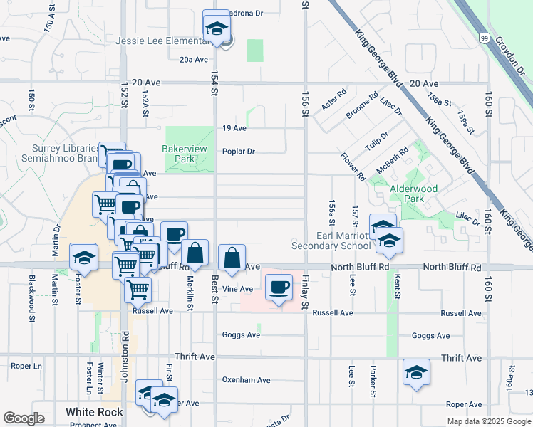 map of restaurants, bars, coffee shops, grocery stores, and more near 15517 17 Avenue in Surrey