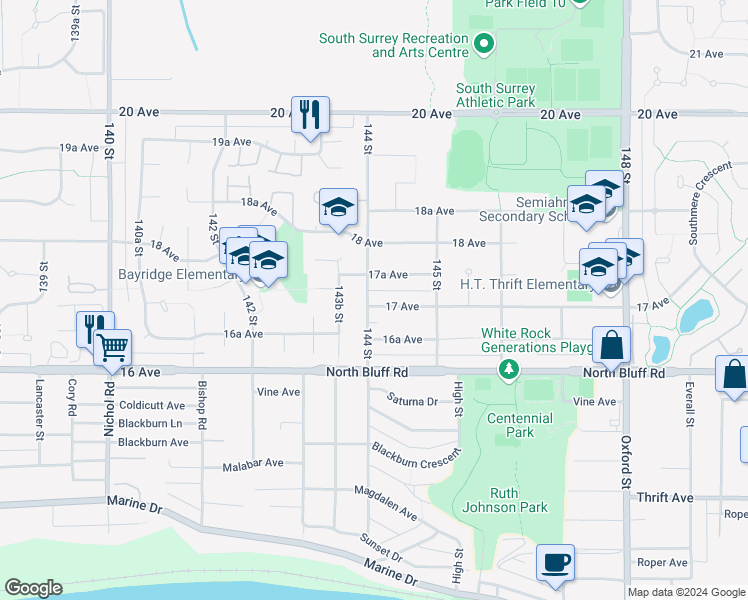 map of restaurants, bars, coffee shops, grocery stores, and more near 14407 17 Avenue in Surrey