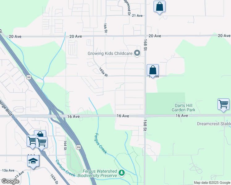 map of restaurants, bars, coffee shops, grocery stores, and more near 2621 166A Street in Surrey