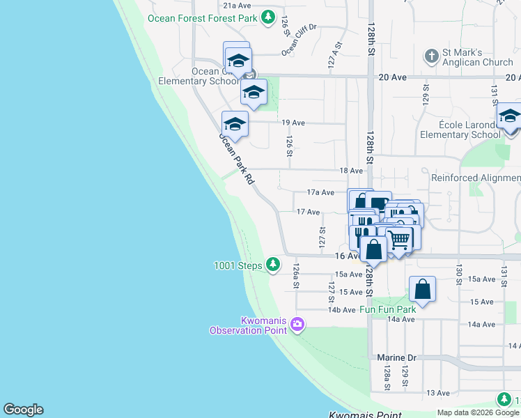 map of restaurants, bars, coffee shops, grocery stores, and more near 1721 Ocean Park Road in Surrey