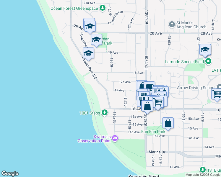 map of restaurants, bars, coffee shops, grocery stores, and more near 1711 126 Street in Surrey
