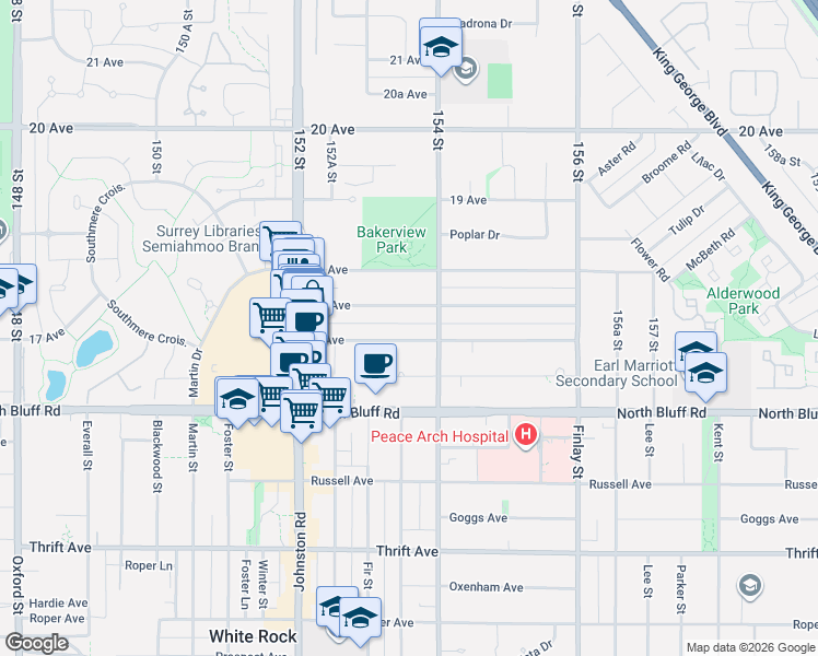 map of restaurants, bars, coffee shops, grocery stores, and more near 15353 17 Avenue in Surrey