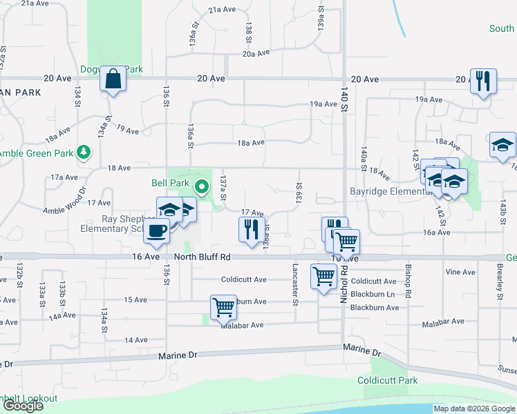 map of restaurants, bars, coffee shops, grocery stores, and more near 13811 17 Avenue in Surrey