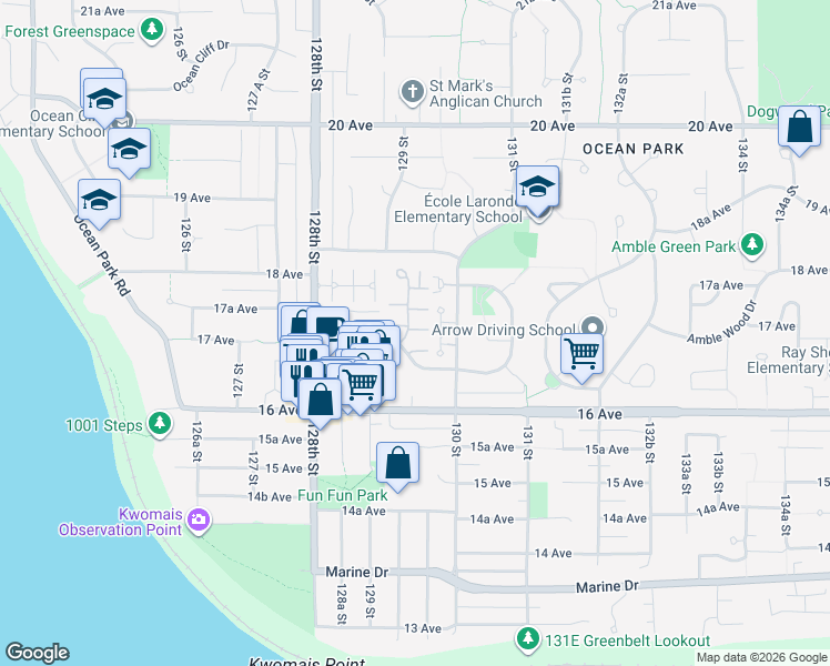map of restaurants, bars, coffee shops, grocery stores, and more near 12945 17 Avenue in Surrey