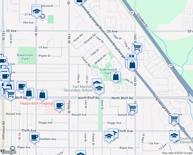 map of restaurants, bars, coffee shops, grocery stores, and more near in Surrey