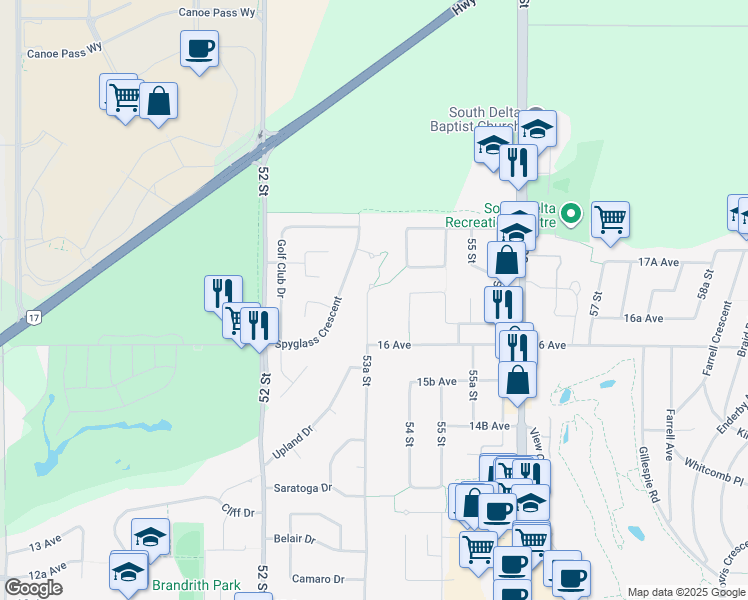 map of restaurants, bars, coffee shops, grocery stores, and more near 1670 53A Street in Delta
