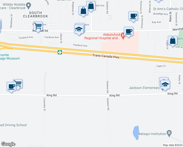map of restaurants, bars, coffee shops, grocery stores, and more near 32623 King Road in Abbotsford