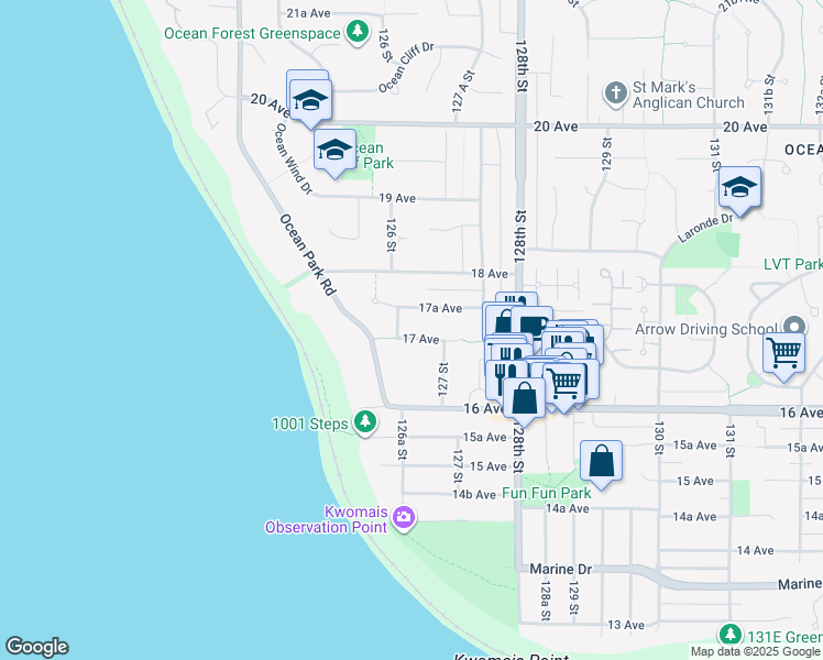 map of restaurants, bars, coffee shops, grocery stores, and more near in Surrey