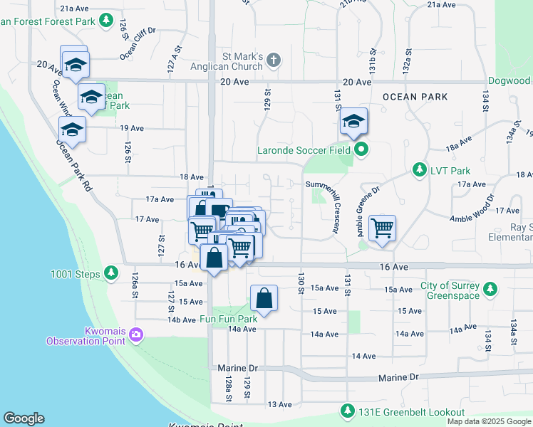 map of restaurants, bars, coffee shops, grocery stores, and more near 12981 17 Avenue in Surrey